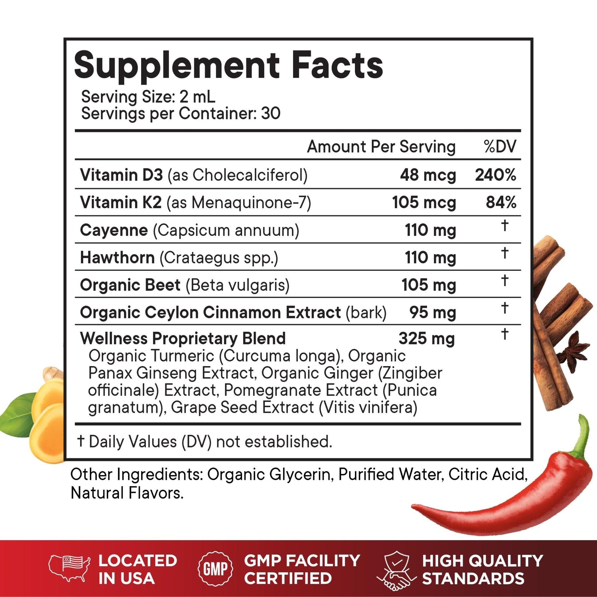 Cayenne Pepper Supplement Liquid Drops + Hawthorn Berry, Vitamin D3 K2 Beet Root Powder, Ceylon Cinnamon, Turmeric Curcumin, Organic Panax Ginseng - 4 OZ - Maple Wellness Supplements