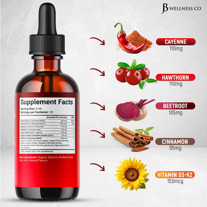 Cayenne Pepper Supplement Liquid Drops + Hawthorn Berry, Vitamin D3 K2 Beet Root Powder, Ceylon Cinnamon, Turmeric Curcumin, Organic Panax Ginseng - 4oz - Maple Wellness Supplements