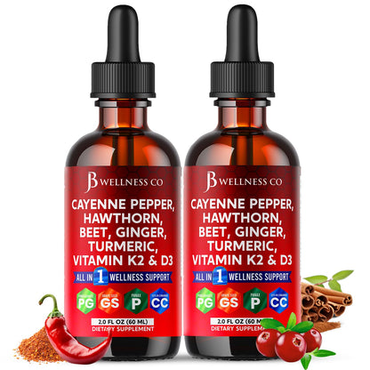 Cayenne Pepper Supplement Liquid Drops + Hawthorn Berry, Vitamin D3 K2 Beet Root Powder, Ceylon Cinnamon, Turmeric Curcumin, Organic Panax Ginseng - 4oz - Maple Wellness Supplements