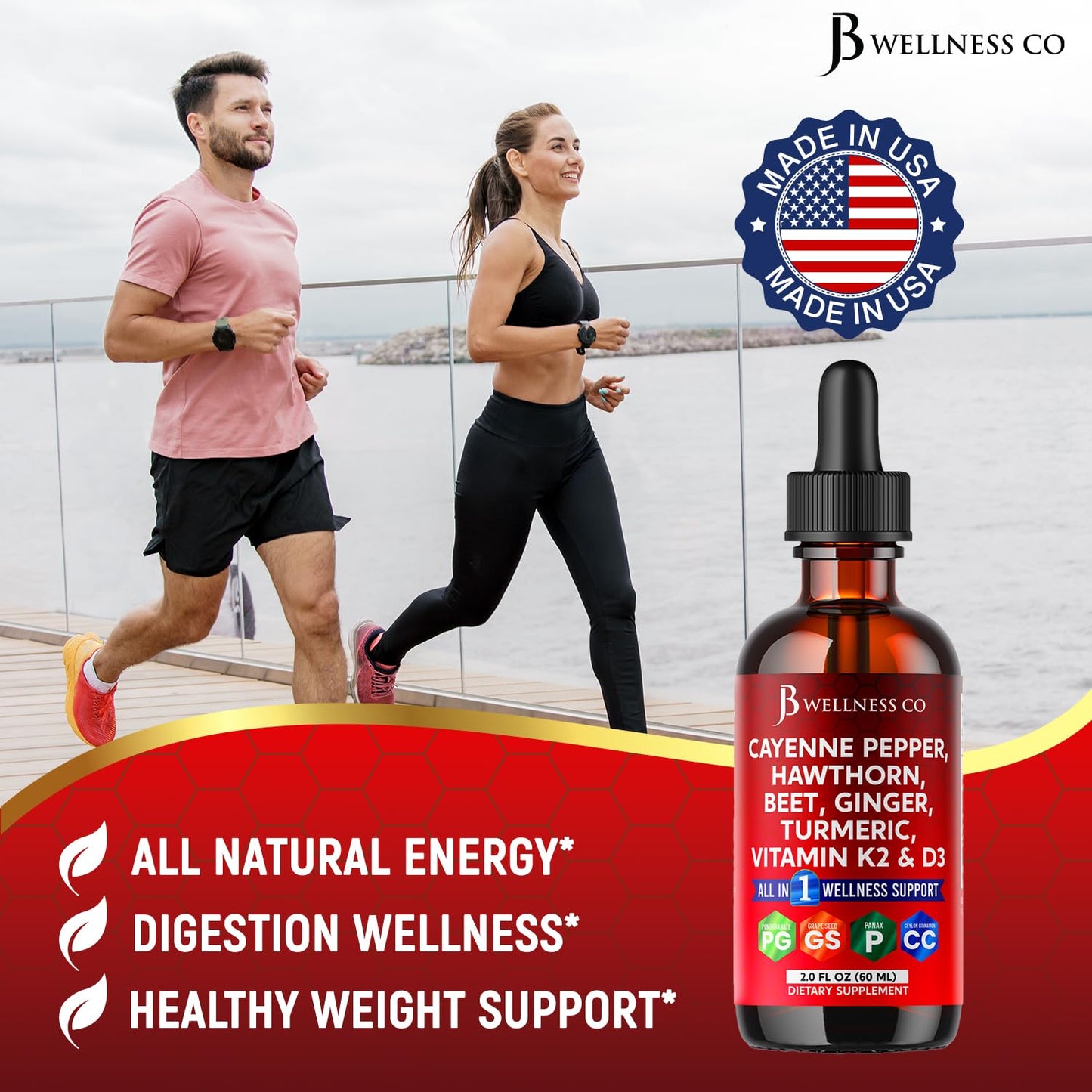 Cayenne Pepper Supplement Liquid Drops + Hawthorn Berry, Vitamin D3 K2 Beet Root Powder, Ceylon Cinnamon, Turmeric Curcumin, Organic Panax Ginseng - 4oz - Maple Wellness Supplements