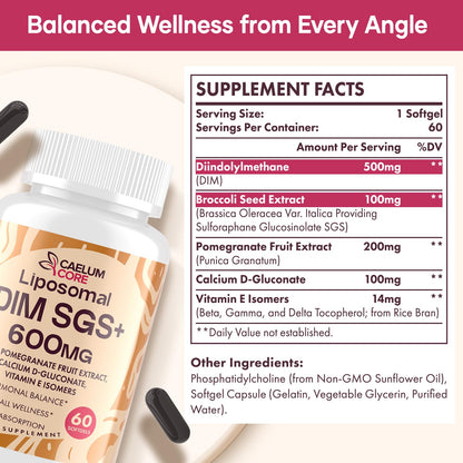CEALMU CORE Liposomal DIM SGS Supplement - Estrogen Supplements for Women & Men Contains Sulforaphane Glucosinolate, Vitamin E, Pomegranate Fruit - Support Detox and Antioxidant (1 Pack) - Maple Wellness Supplements