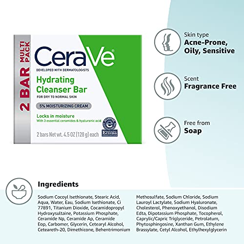 CeraVe Hydrating Cleanser Bar, Soap-Free Body and Facial Cleanser with 5% Moisturizing Cream, Fragrance-Free, 2-Pack, 4.5 Ounce Each - Maple Wellness Supplements