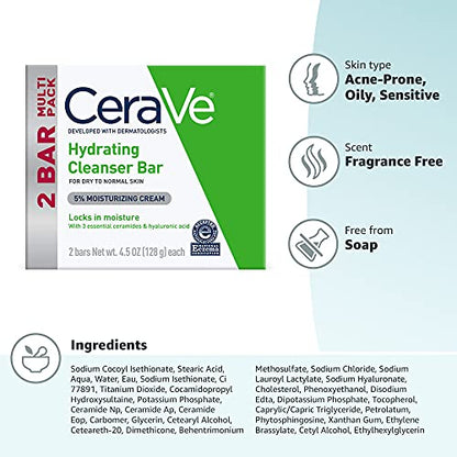 CeraVe Hydrating Cleanser Bar, Soap-Free Body and Facial Cleanser with 5% Moisturizing Cream, Fragrance-Free, 2-Pack, 4.5 Ounce Each - Maple Wellness Supplements
