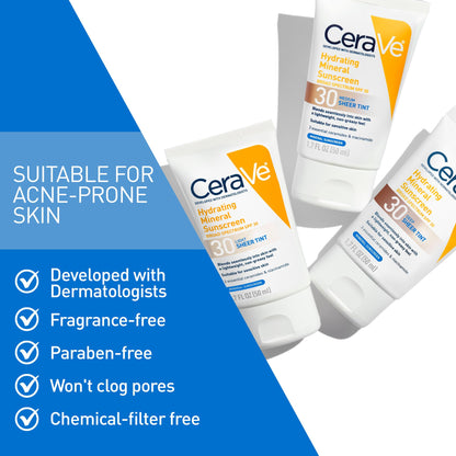 CeraVe Hydrating Mineral Sunscreen SPF 30 with Sheer Tint, Tinted Mineral Sunscreen with Zinc Oxide & Titanium Dioxide - Maple Wellness Supplements