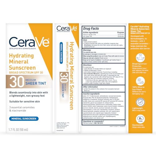 CeraVe Hydrating Mineral Sunscreen SPF 30 with Sheer Tint, Tinted Mineral Sunscreen with Zinc Oxide & Titanium Dioxide - Maple Wellness Supplements