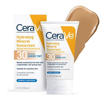 CeraVe Hydrating Mineral Sunscreen SPF 30 with Sheer Tint, Tinted Mineral Sunscreen with Zinc Oxide & Titanium Dioxide - Maple Wellness Supplements