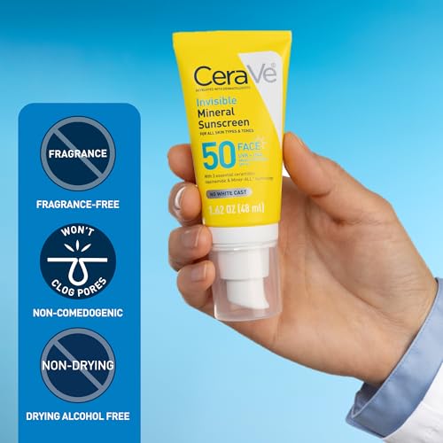 CeraVe Invisible Mineral Sunscreen SPF 50, Face Sunscreen for Sensitive Skin With Zinc Oxide & Titanium Dioxide, Vitamin E - Maple Wellness Supplements