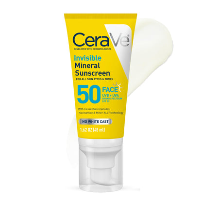 CeraVe Invisible Mineral Sunscreen SPF 50, Face Sunscreen for Sensitive Skin With Zinc Oxide & Titanium Dioxide, Vitamin E - Maple Wellness Supplements