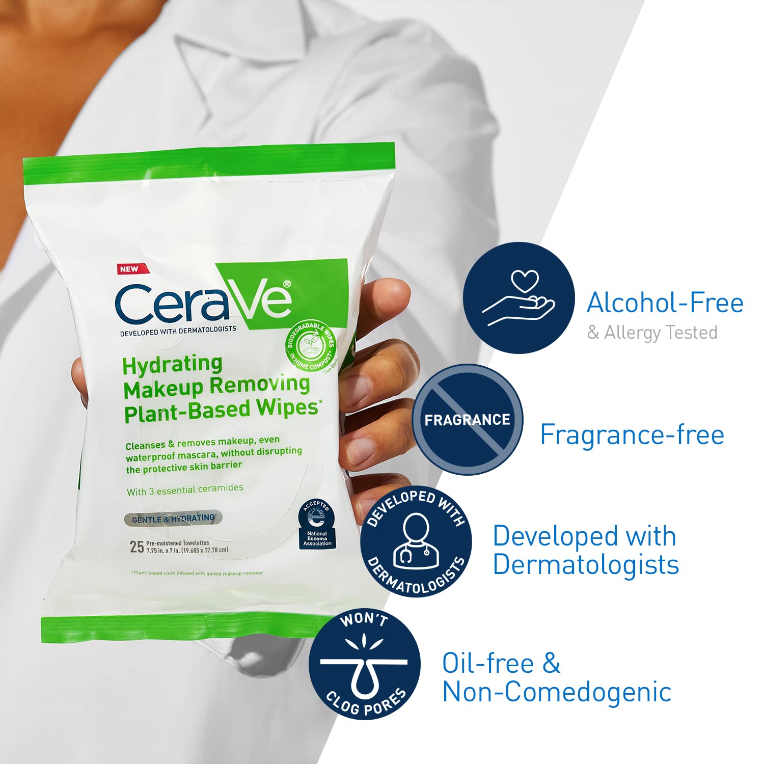 CeraVe Makeup Remover Wipes, Plant Based Face Wipes, Biodegradable in Compost, Waterless Face Wash, Travel Essentials for Women - Maple Wellness Supplements