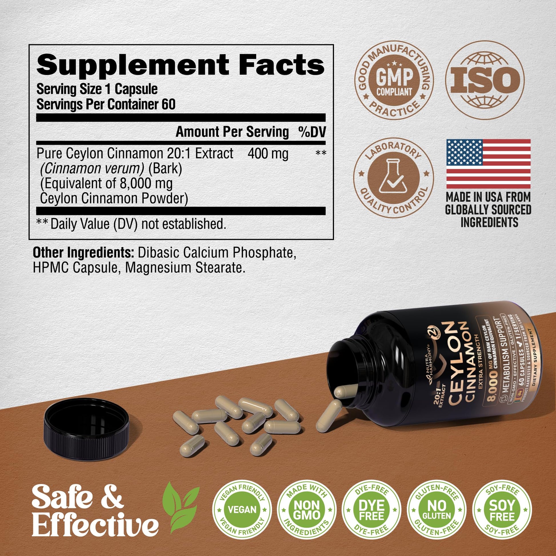 Ceylon Cinnamon Capsules - Extra Strength - Energy Heart & Metabolism Support for Men & Women - Pure Natural Cinnamon 20:1 Extract Supplement - Maple Wellness Supplements