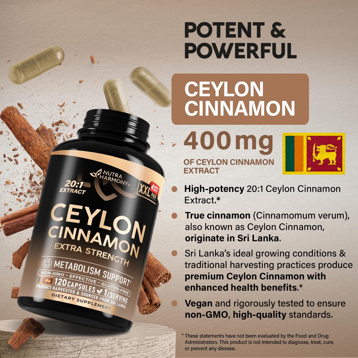 Ceylon Cinnamon Capsules - Extra Strength - Energy, Heart & Metabolism Support - for Men & Women - Pure Natural Extract 20:1 Supplement - Made in USA - Maple Wellness Supplements