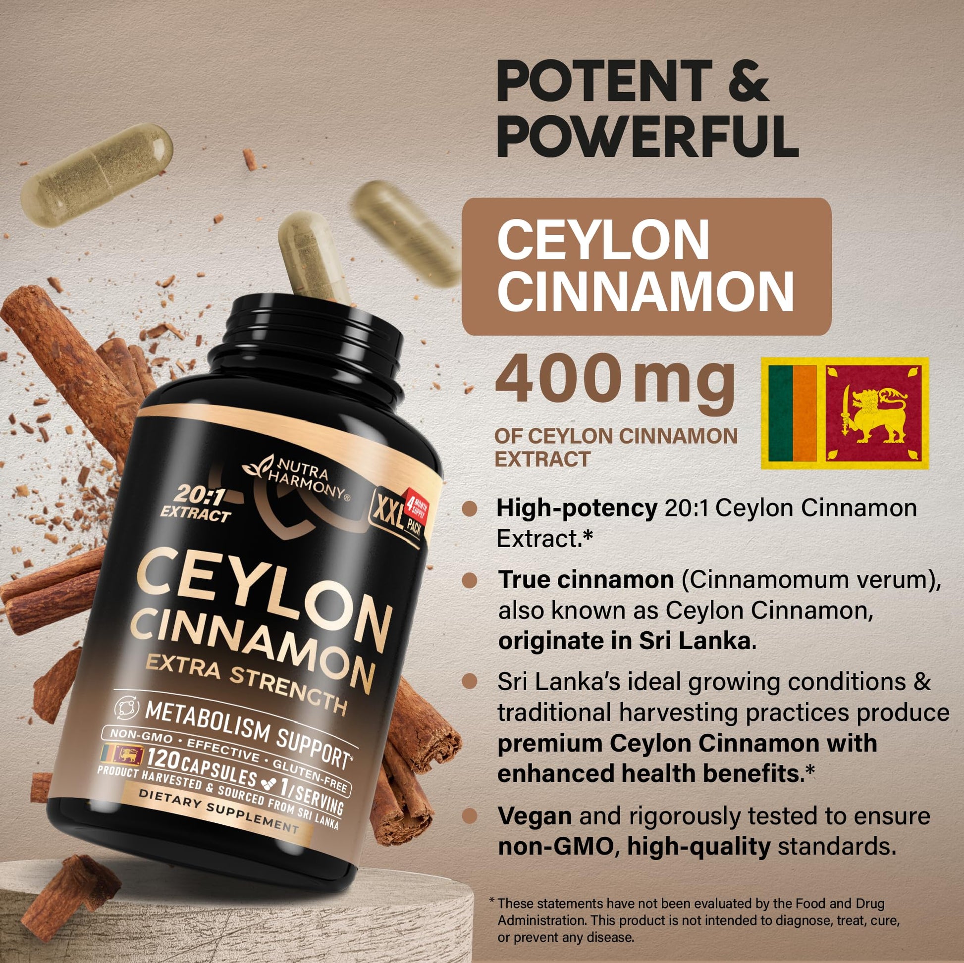 Ceylon Cinnamon Capsules - Extra Strength - Energy, Heart & Metabolism Support - for Men & Women - Pure Natural Extract 20:1 Supplement - Made in USA - Maple Wellness Supplements