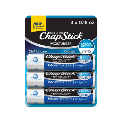 ChapStick Moisturizer Original Lip Balm Tubes, SPF 15 and Skin Protectant - 0.15 Oz (Pack of 3) - Maple Wellness Supplements