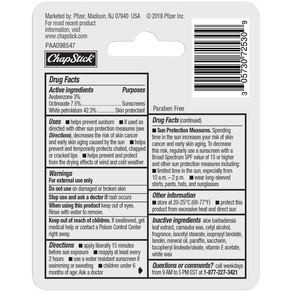 ChapStick Moisturizer Original Lip Balm Tubes, SPF 15 and Skin Protectant - 0.15 Oz (Pack of 3) - Maple Wellness Supplements