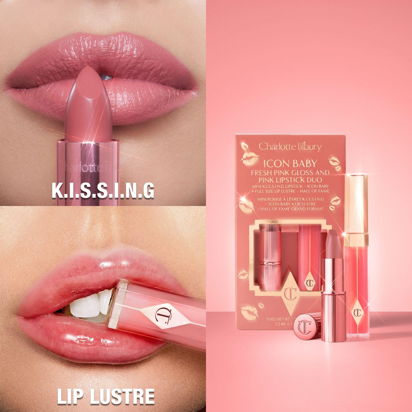 Charlotte Tilbury Icon Baby Lip Duo Kit - Mini K.I.S.S.I.N.G Satin Shimmer Lipstick & Full Size Hall of Fame High Shine Gloss Set - Hydrating Long Lasting Makeup Duo for On-the-Go Glossy Shine - Maple Wellness Supplements