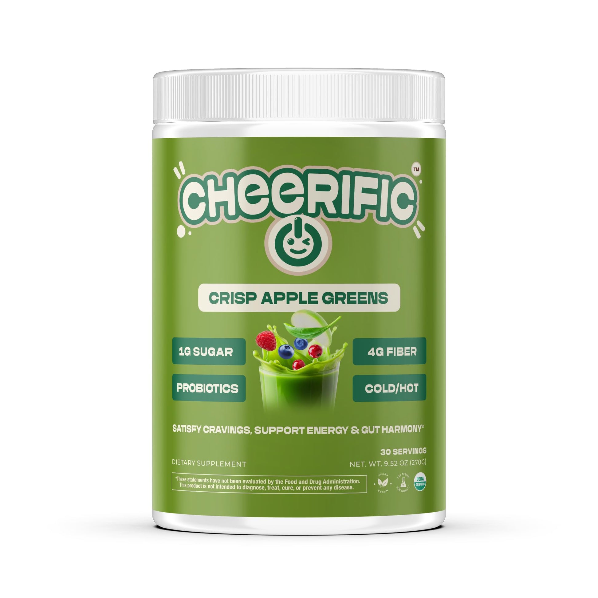 Cheerific Crisp Apple Greens Superfood Powder - 20+ Organic Superfoods + Prebiotic & Probiotics + More - Keto Friendly - Supports Positive Mood, Gut Health - Vegan, Gluten Free, Non-GMO - 30 Day - Maple Wellness Supplements