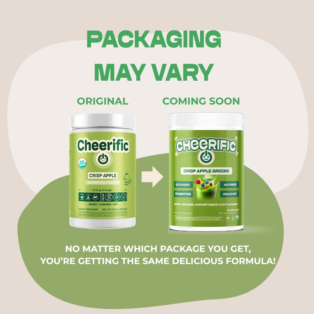 Cheerific Crisp Apple Greens Superfood Powder - 20+ Organic Superfoods + Prebiotic & Probiotics + More - Keto Friendly - Supports Positive Mood, Gut Health - Vegan, Gluten Free, Non-GMO - 30 Day - Maple Wellness Supplements