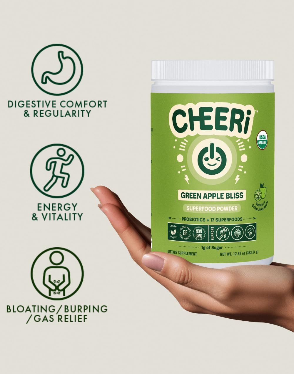 Cheerific Crisp Apple Greens Superfood Powder - 20+ Organic Superfoods + Prebiotic & Probiotics + More - Keto Friendly - Supports Positive Mood, Gut Health - Vegan, Gluten Free, Non-GMO - 30 Day - Maple Wellness Supplements