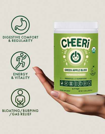 Cheerific Crisp Apple Greens Superfood Powder - 20+ Organic Superfoods + Prebiotic & Probiotics + More - Keto Friendly - Supports Positive Mood, Gut Health - Vegan, Gluten Free, Non-GMO - 30 Day - Maple Wellness Supplements