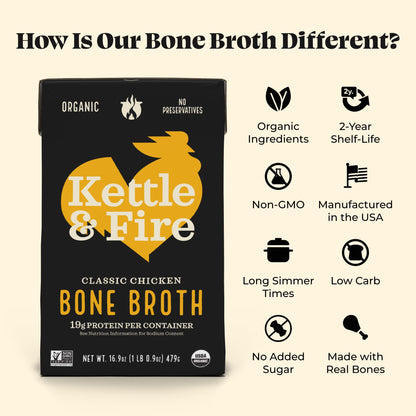 Chicken Bone Broth Soup by Kettle and Fire, Pack of 6, Keto Diet, Paleo Friendly, Whole 30 Approved, Gluten Free, with Collagen, 10g of protein, 16.9 Ounce (Pack of 6) - Maple Wellness Supplements
