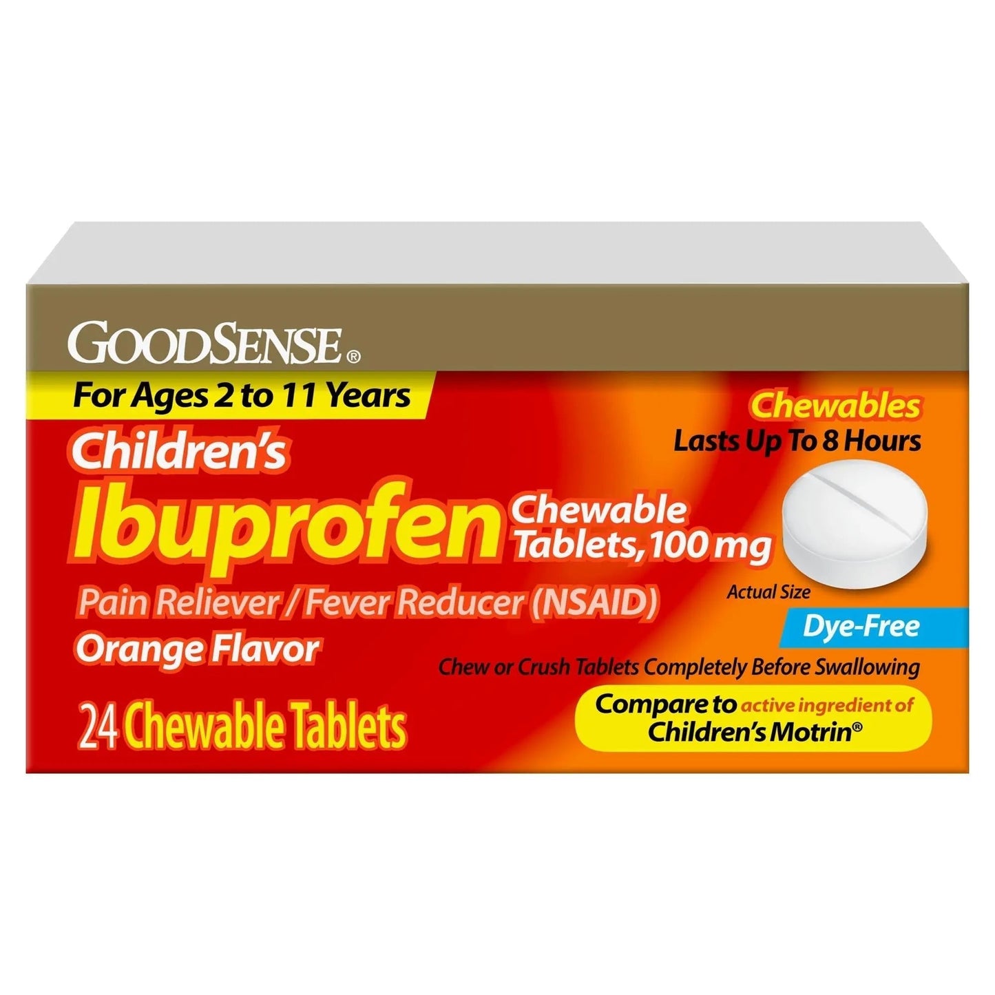 Childrens Ibuprofen Chewable Tablets, 100 mg, Orange Flavor, Pain Reliever and Fever Reducer, 24 Count - Maple Wellness Supplements
