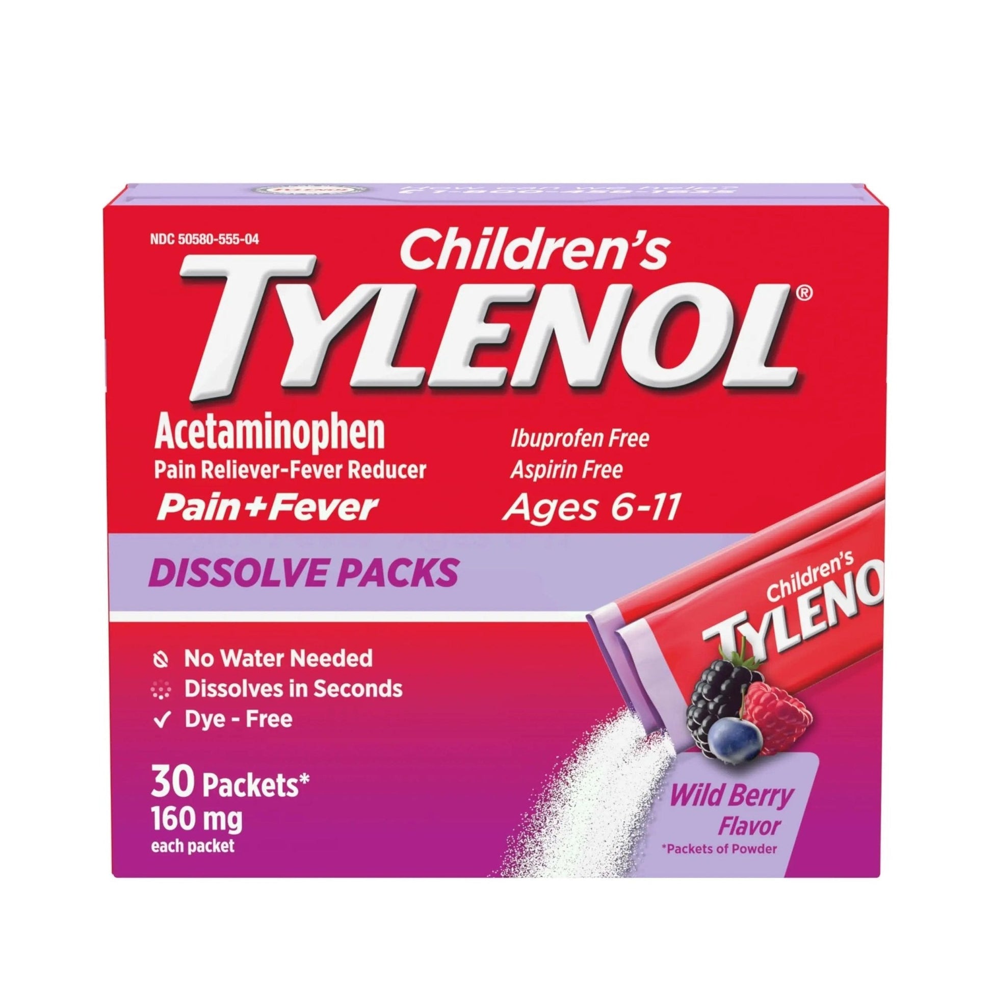 Children's Tylenol Dissolve Packs for Pain Relief, Fever Medication, 160 mg Acetaminophen, Dye Free, Kids' Powder Packets for Cold & Flu Symptom Relief; Wild Berry Flavor, 30 ct.; Pack of 1 - Maple Wellness Supplements