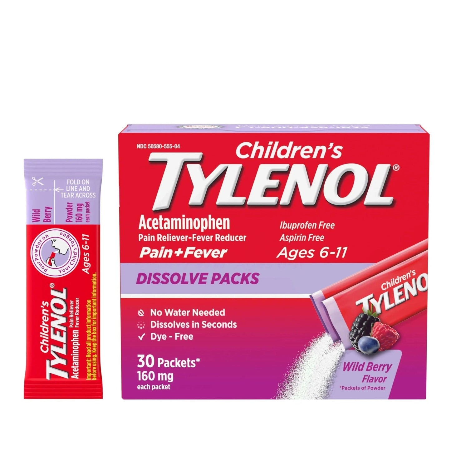 Children's Tylenol Dissolve Packs for Pain Relief, Fever Medication, 160 mg Acetaminophen, Dye Free, Kids' Powder Packets for Cold & Flu Symptom Relief; Wild Berry Flavor, 30 ct.; Pack of 1 - Maple Wellness Supplements