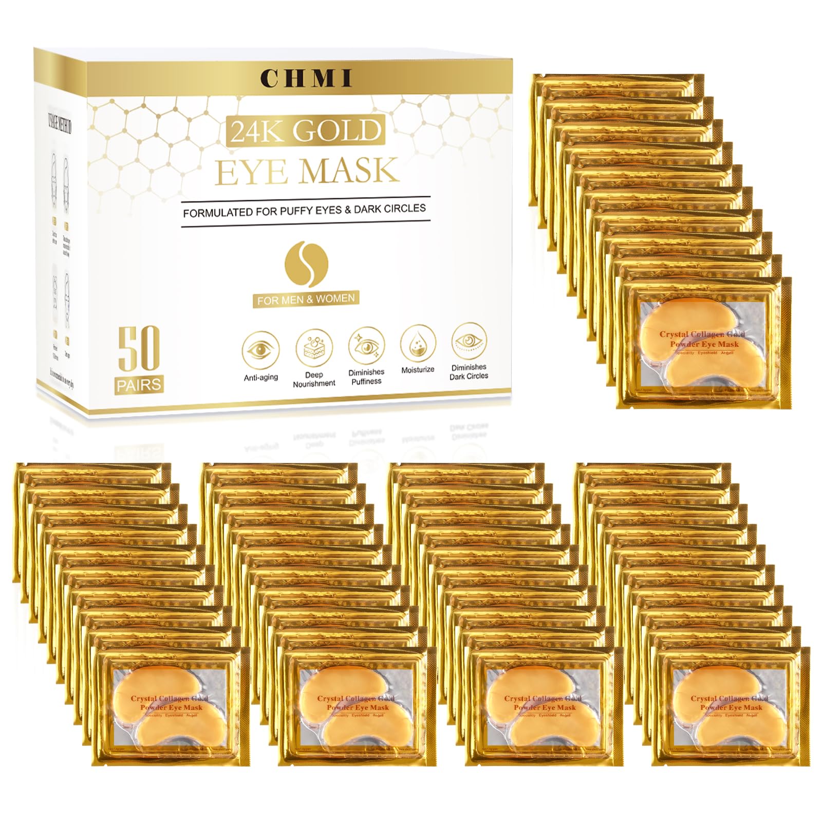 CHMI Under Eye Patches (50 Pairs) - 24K Gold Eye Patches for Puffy Eyes, Dark Circles, EyeBags and Wrinkles - Maple Wellness Supplements