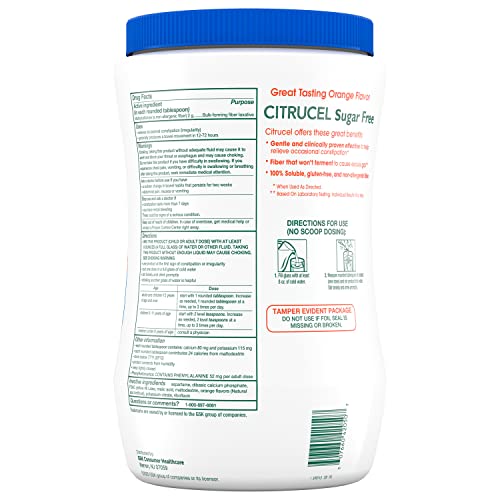 CITRUCEL Sugar Free Fiber Powder for Occasional Constipation Relief, Methylcellulose Fiber Powder, Orange Flavor - 32 Ounces - Maple Wellness Supplements