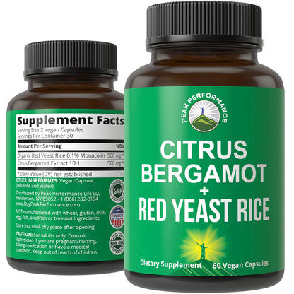 Citrus Bergamot + Red Yeast Rice. 2-in-1 Supplement. High Strength 10:1 Bergamot Extract. No Gluten, Zero Sugar, Vegan Capsules - Maple Wellness Supplements
