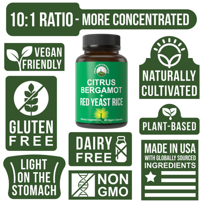 Citrus Bergamot + Red Yeast Rice. 2-in-1 Supplement. High Strength 10:1 Bergamot Extract. No Gluten, Zero Sugar, Vegan Capsules - Maple Wellness Supplements