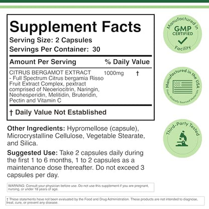 Citrus Bergamot Supplement, 1000mg, 60 Capsules - Supports Healthy Cholesterol & Triglyceride Levels - 1,000mg Servings - Maple Wellness Supplements