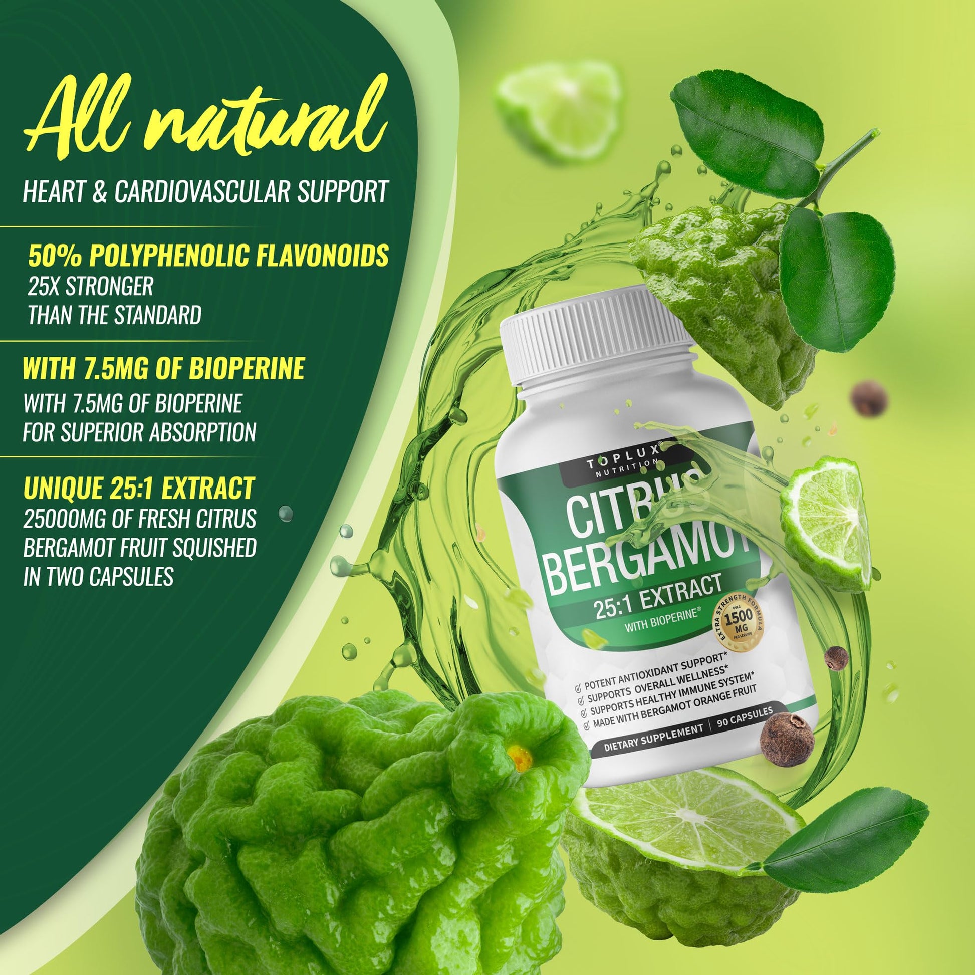 Citrus Bergamot Supplement 1500mg - 25:1 Bergamot Extract to Support Overall Health, Immune System, Potent Antioxidant High Absorption Natural - Maple Wellness Supplements