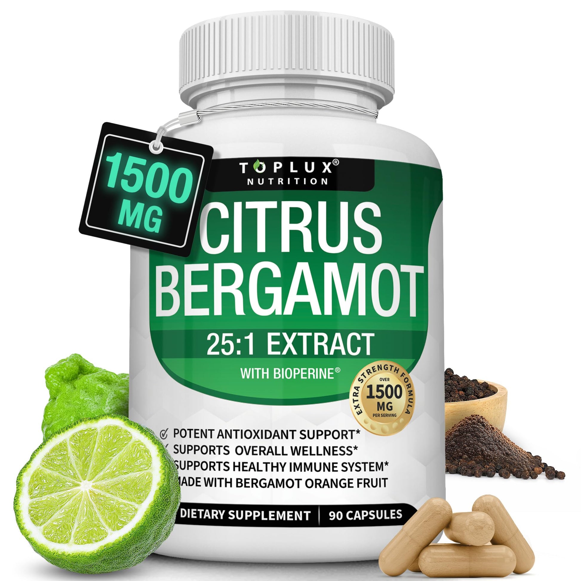 Citrus Bergamot Supplement 1500mg - 25:1 Bergamot Extract to Support Overall Health, Immune System, Potent Antioxidant High Absorption Natural - Maple Wellness Supplements