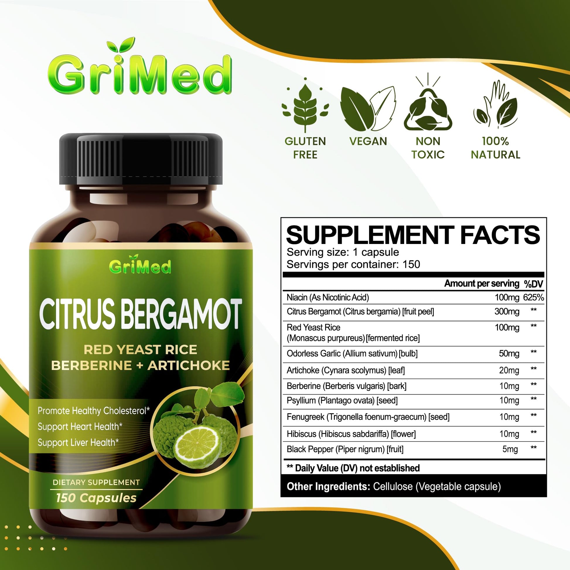 Citrus Bergamot with Red Yeast Rice, Garlic, Artichoke for Healthy Cholesterol, Heart Health (150 Count (Pack of 1)) - Maple Wellness Supplements