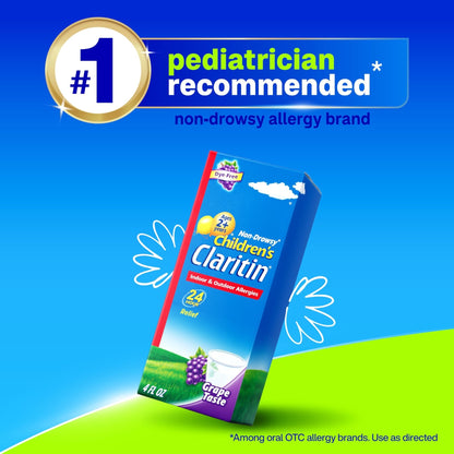 Claritin Children's Allergy Medicine, 24-Hour Non-Drowsy Loratadine 5mg, Antihistamine Liquid for Kids Aged 2 Years and Older, Grape Flavored, Dye-free, 8 fl oz. - Maple Wellness Supplements