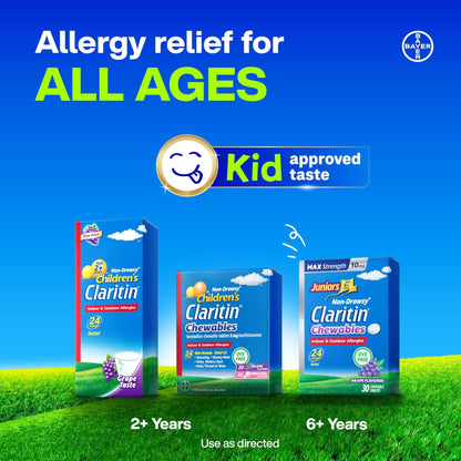 Claritin Children's Allergy Medicine, 24-Hour Non-Drowsy Loratadine 5mg Chewable Tablet, Antihistamine for Kids Ages 2 Years and Older, Grape & Bubble Gum Flavors, Dye-Free, 40 Tablets - Maple Wellness Supplements