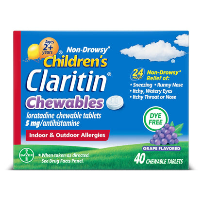 Claritin Children's Allergy Medicine, 24-Hour Non-Drowsy Loratadine 5mg Chewable Tablet, Antihistamine for Kids Ages 2 Years and Older, Grape Flavored, Dye-free, 40 Tablets - Maple Wellness Supplements