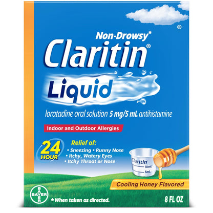 Claritin® Liquid, Allergy Medicine for Adults, 24-Hour Non-Drowsy Loratadine 5mg, Antihistamine, Cooling Honey Flavored, 8 fl. oz - Maple Wellness Supplements