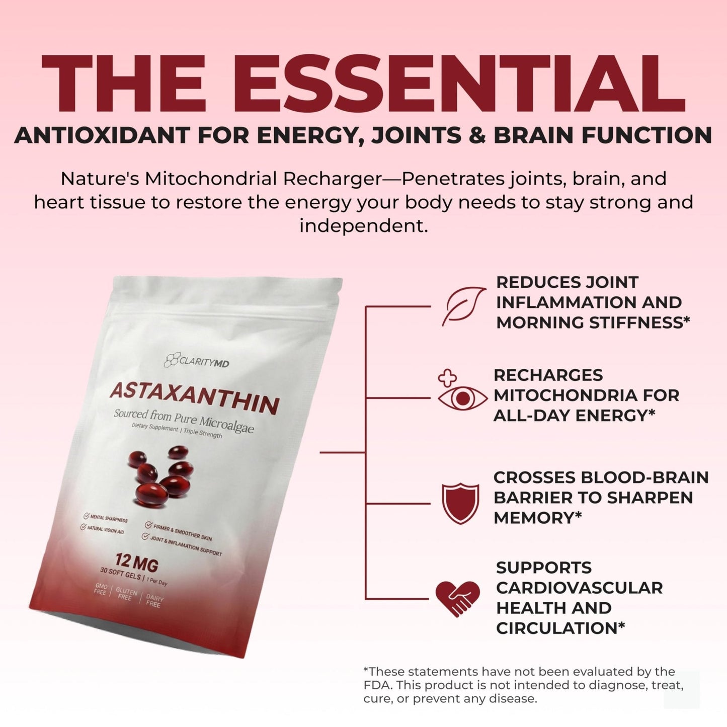 ClarityMD Astaxanthin 12mg Antioxidants Supplement – Natural Microalgae Source – Lipid-Based Softgel for Enhanced Absorption – Cognitive - Maple Wellness Supplements