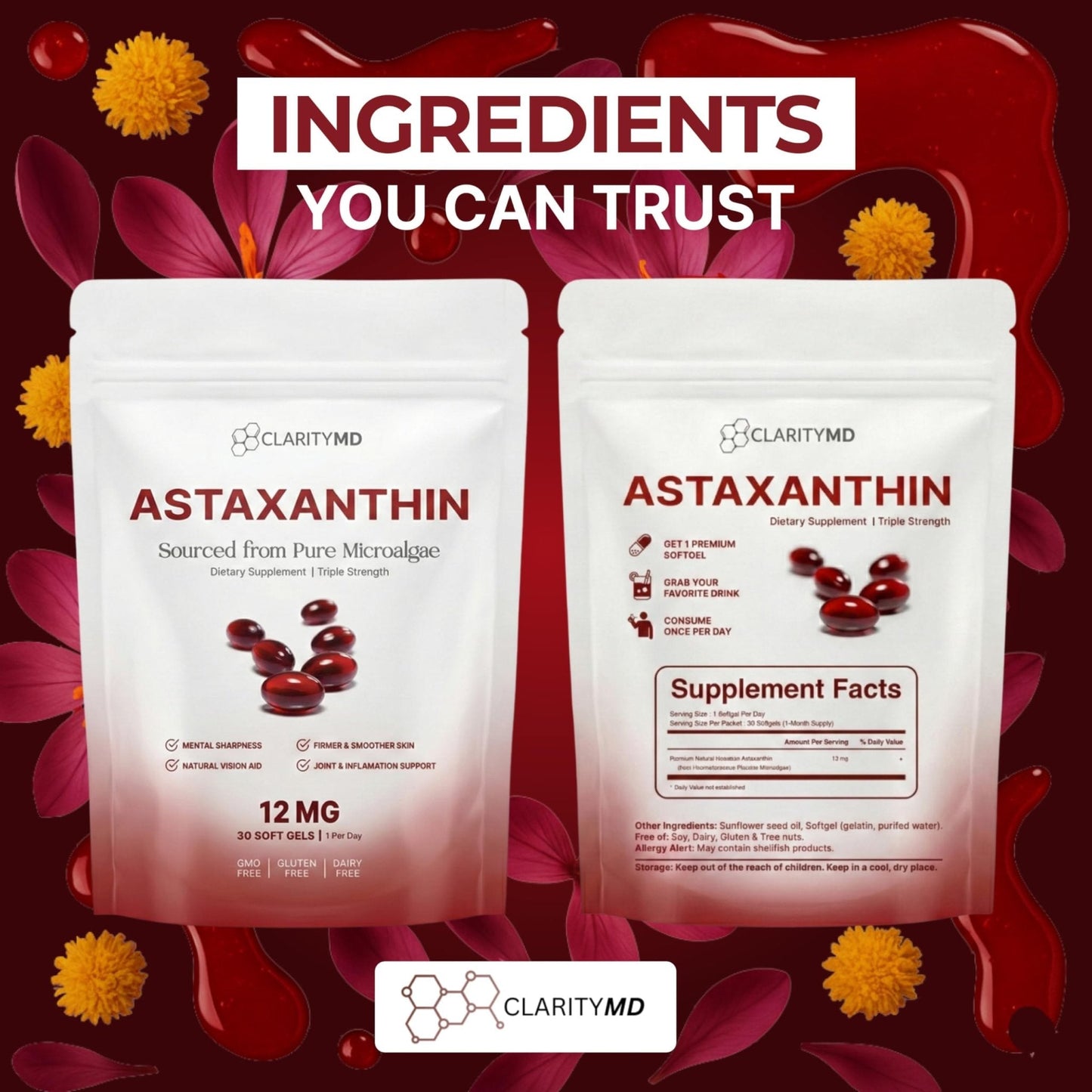 ClarityMD Astaxanthin 12mg Antioxidants Supplement – Natural Microalgae Source – Lipid-Based Softgel for Enhanced Absorption – Cognitive - Maple Wellness Supplements
