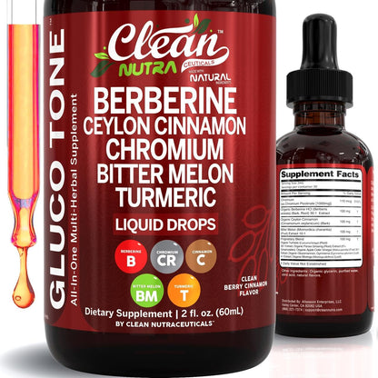 Clean Nutra Berberine with Ceylon Cinnamon Supplement Liquid Drops + Bitter Melon Extract, Glucomannan, Gymnema, Chromium - Maple Wellness Supplements