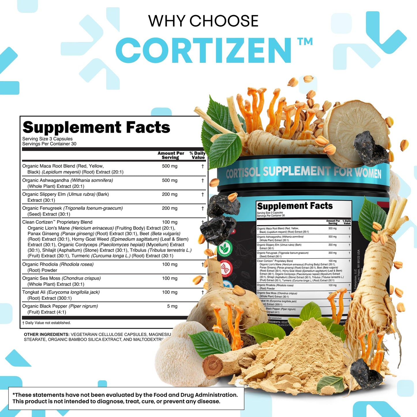 Clean Nutra Cortisol Supplements For Women | Maca Root Ashwagandha Cortisol Detox Manager Reducer + Slippery Elm Fenugreek Lions Mane Shilajit Rhodiola Sea Moss Tongkat Ali Cordyceps Ginseng Beet Root - Maple Wellness Supplements