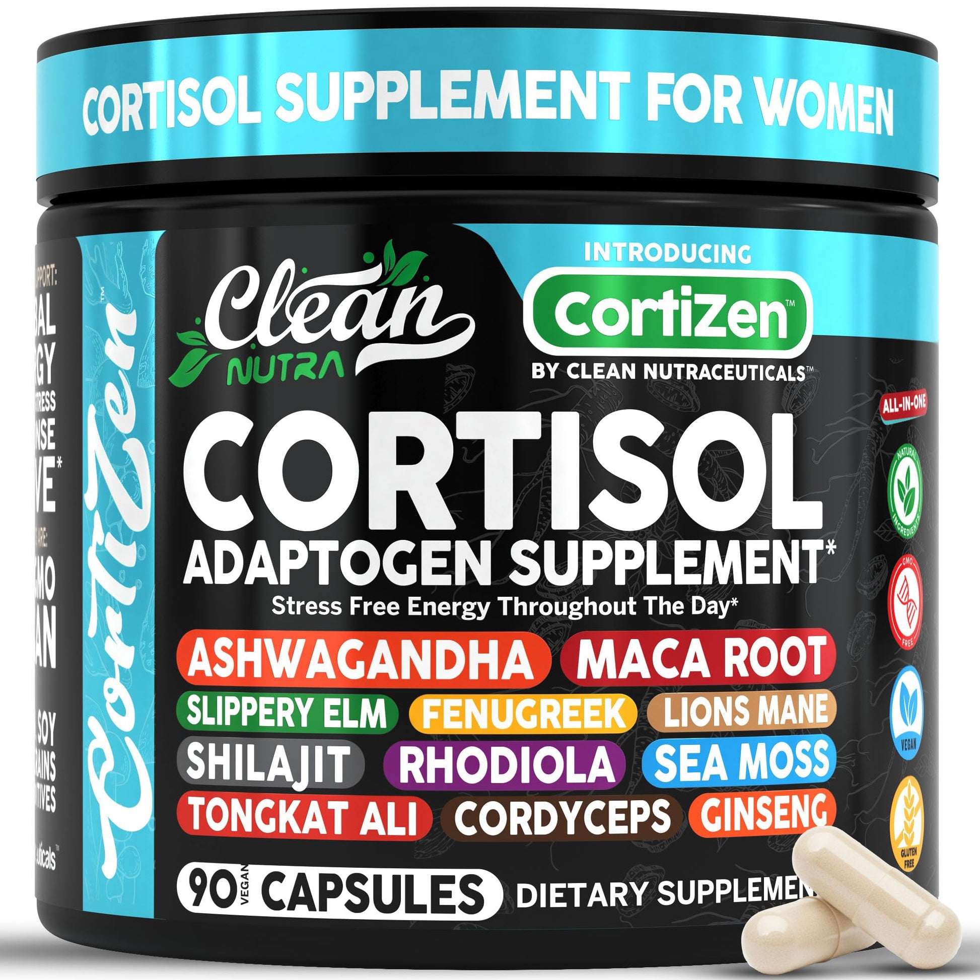 Clean Nutra Cortisol Supplements For Women | Maca Root Ashwagandha Cortisol Detox Manager Reducer + Slippery Elm Fenugreek Lions Mane Shilajit Rhodiola Sea Moss Tongkat Ali Cordyceps Ginseng Beet Root - Maple Wellness Supplements