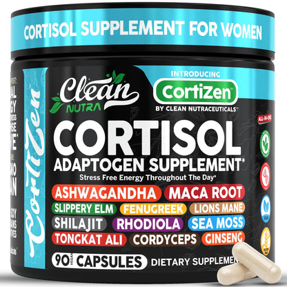 Clean Nutra Cortisol Supplements For Women | Maca Root Ashwagandha Cortisol Detox Manager Reducer + Slippery Elm Fenugreek Lions Mane Shilajit Rhodiola Sea Moss Tongkat Ali Cordyceps Ginseng Beet Root - Maple Wellness Supplements