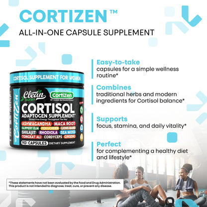 Clean Nutra Cortisol Supplements For Women | Maca Root Ashwagandha Cortisol Detox Manager Reducer + Slippery Elm Fenugreek Lions Mane Shilajit Rhodiola Sea Moss Tongkat Ali Cordyceps Ginseng Beet Root - Maple Wellness Supplements