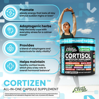 Clean Nutra Cortisol Supplements For Women | Maca Root Ashwagandha Cortisol Detox Manager Reducer + Slippery Elm Fenugreek Lions Mane Shilajit Rhodiola Sea Moss Tongkat Ali Cordyceps Ginseng Beet Root - Maple Wellness Supplements