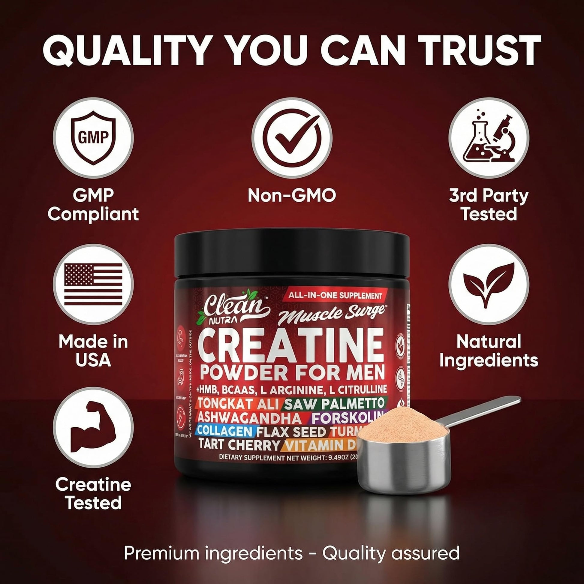 Clean Nutra Creatine Powder for Men + HMB BCAA L Arginine L Citrulline Tongkat Ali Saw Palmetto Ashwagandha Collagen Flax Seed Turmeric Preworkout Stevia - Maple Wellness Supplements