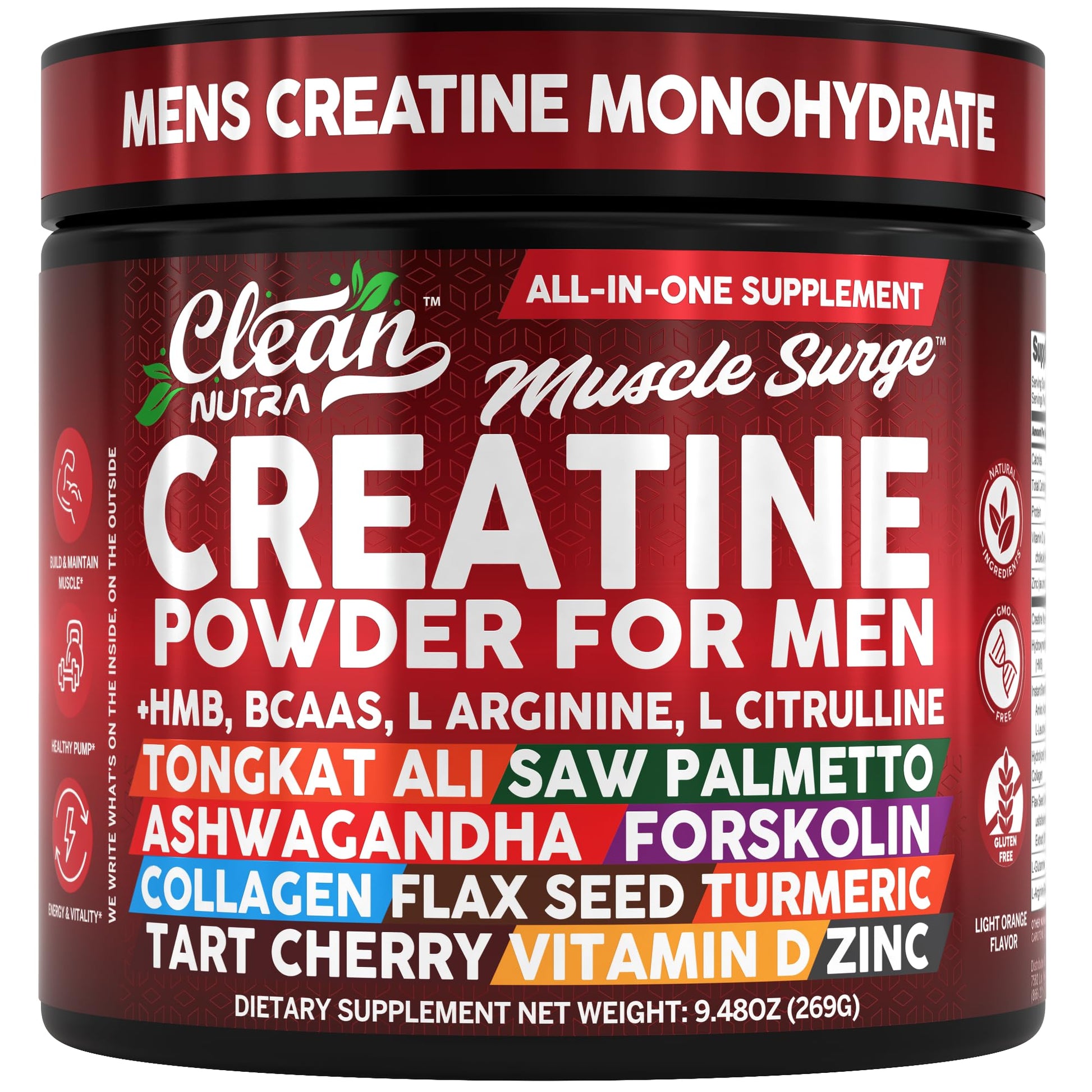 Clean Nutra Creatine Powder for Men + HMB BCAA L Arginine L Citrulline Tongkat Ali Saw Palmetto Ashwagandha Collagen Flax Seed Turmeric Preworkout Stevia - Maple Wellness Supplements