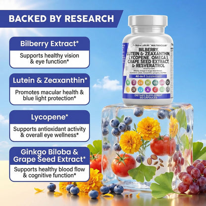 Clean Nutra Eye Vitamins with Bilberry Lutein and Zeaxanthin Supplements Lycopene 40mg Resveratrol Grape Seed Astaxanthin for Eyes - Eye Care Health Support Eye - Maple Wellness Supplements